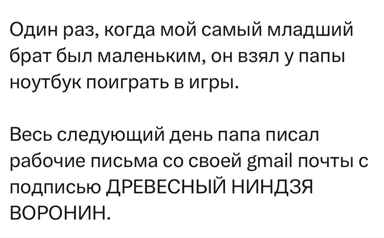 Один раз когда мой самый младший брат был маленьким он взял у папы ноутбук поиграть в игры Весь следующий день папа писал рабочие письма со своей вта почты с подписью ДРЕВЕСНЫЙ НИНДЗЯ ВОРОНИН