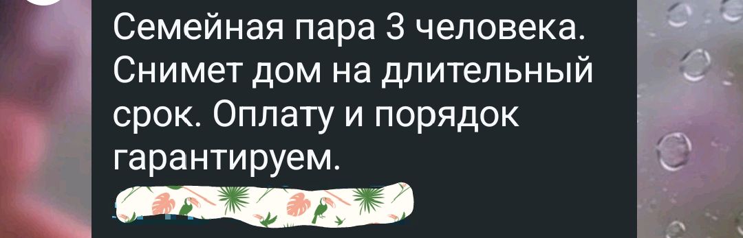 Семейная пара 3 человека Снимет дом на длительный срок Оплату и порядок гарантируем