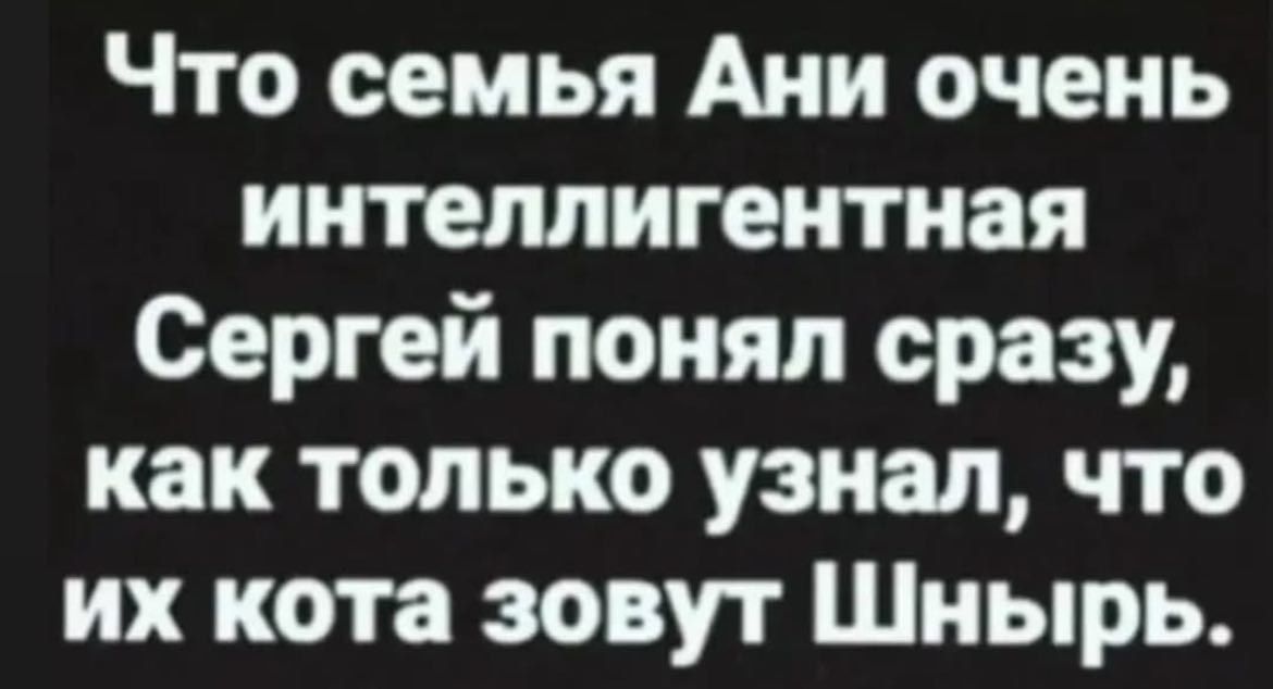 Что семья Ани очень интеллигентная Сергей понял сразу как только узнал что их кота зовут Шнырь