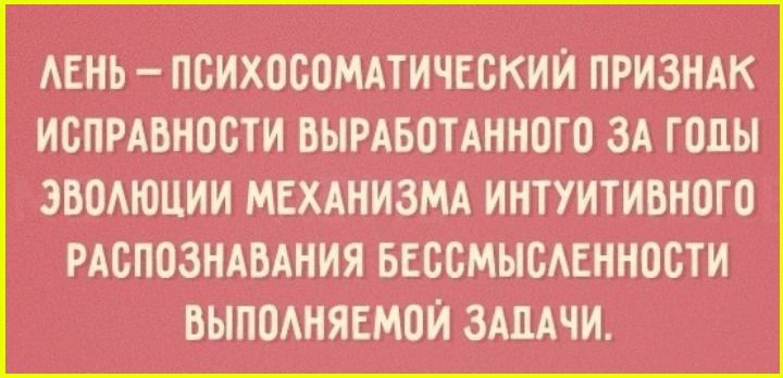 Лень – психосоматический признак исправности выработанного за годы эволюции механизма интуитивного распознавания бессмысленности выполняемой задачи.