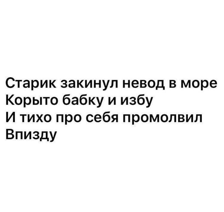 Старик закинул невод в море
Корыто бабку и избу
И тихо про себя промолвил
Впизду