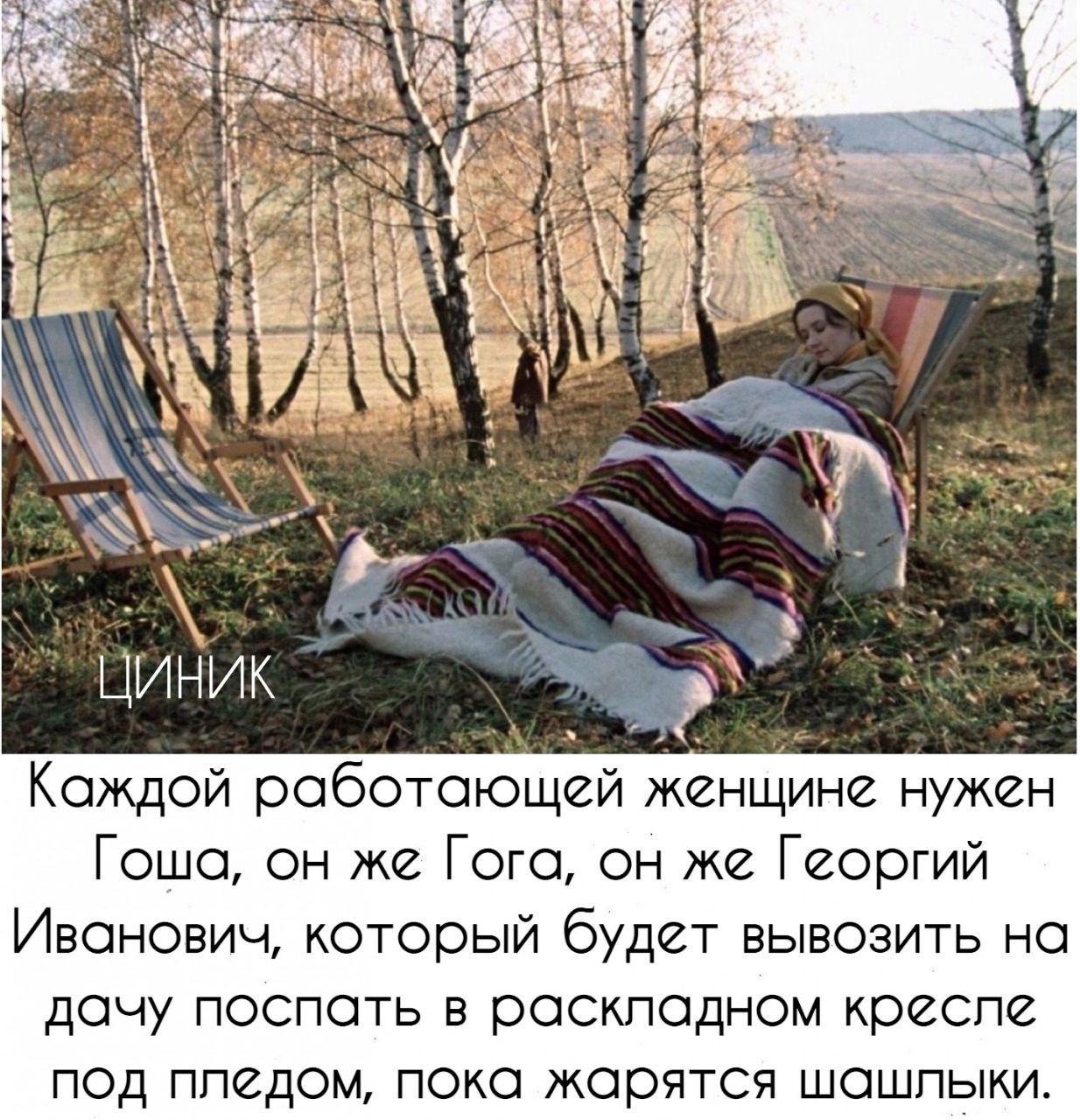 Каждой работающей женщине нужен Гоша, он же Гога, он же Георгий Иванович, который будет вывозить на дачу поспать в раскладном кресле под пледом, пока жарятся шашлыки.
