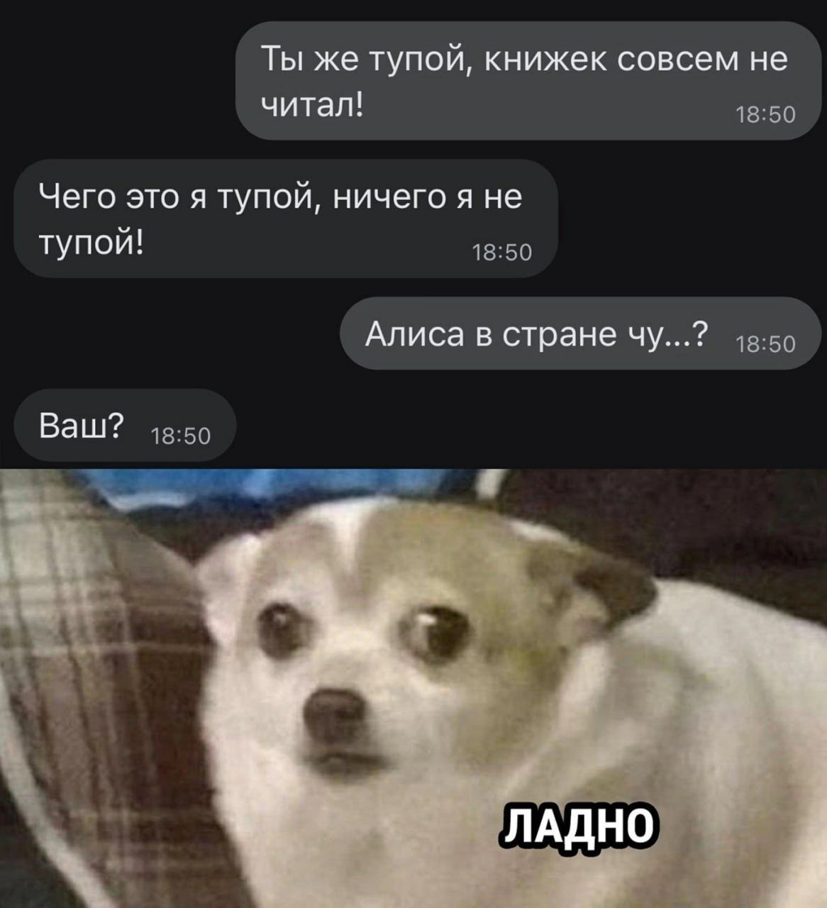 Ты же тупой, книжек совсем не читал! Чего это я тупой, ничего я не тупой! Алиса в стране чу...?
Ваш?
ЛАДНО