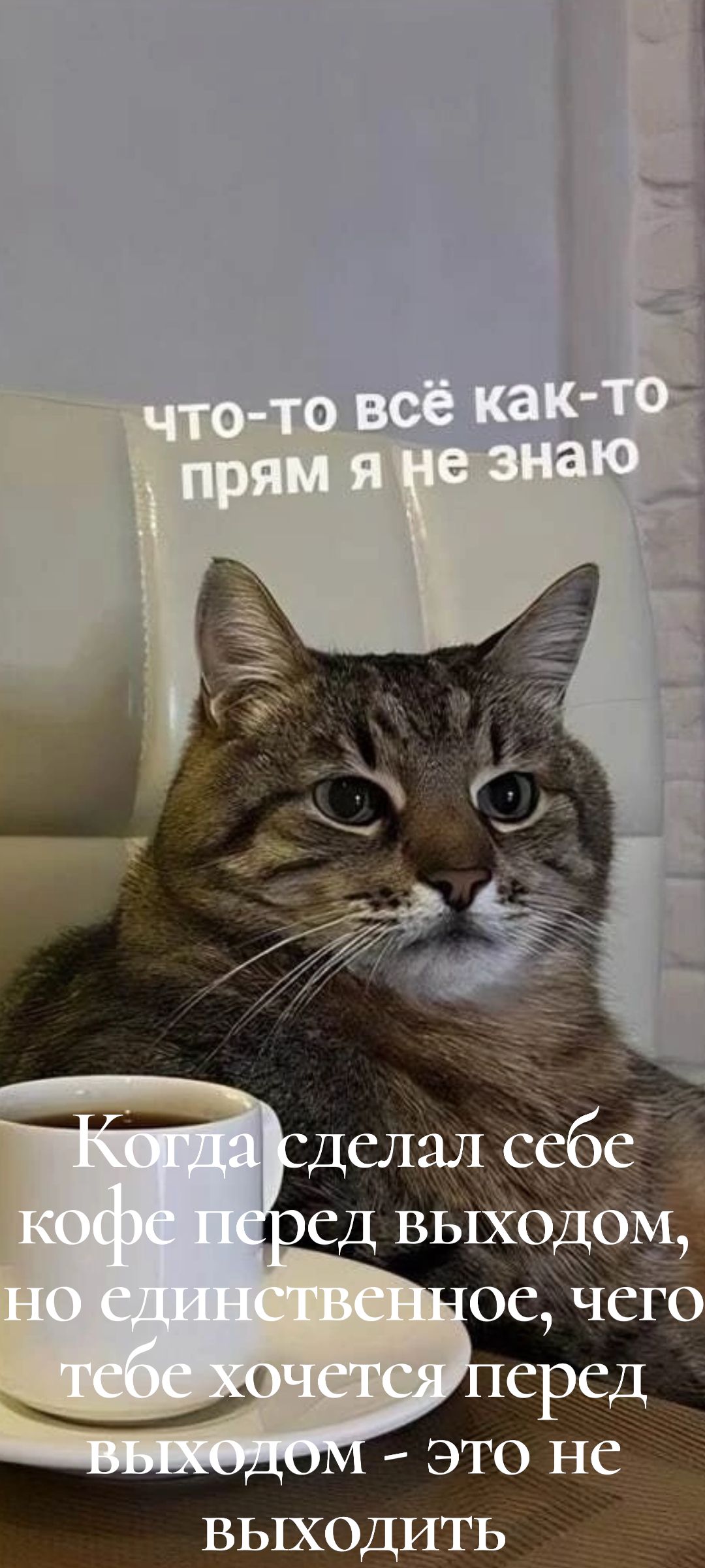 что-то всё как-то прям я не знаю
Когда сделал себе кофе перед выходом, но единственное, чего тебе хочется перед выходом - это не выходить