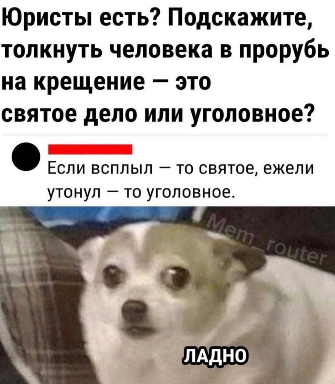 Юристы есть? Подскажите, толкнуть человека в прорубь на крещение – это святое дело или уголовное? Если всплыл — то святое, если утонул — то уголовное. LO..