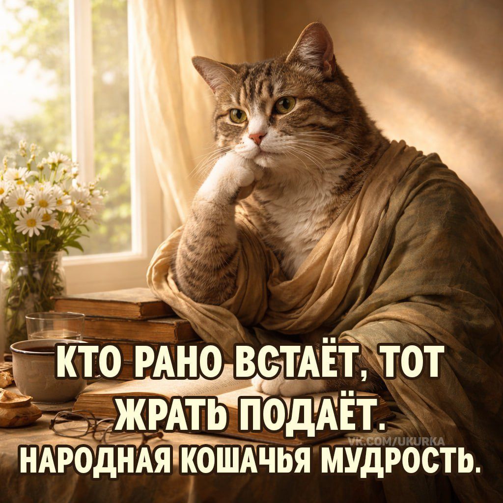 КТО РАНО ВСТАЁТ, ТОТ ЖРАТЬ ПОДАЁТ. НАРОДНАЯ КОШАЧЬЬЯ МУДРОСТЬ.