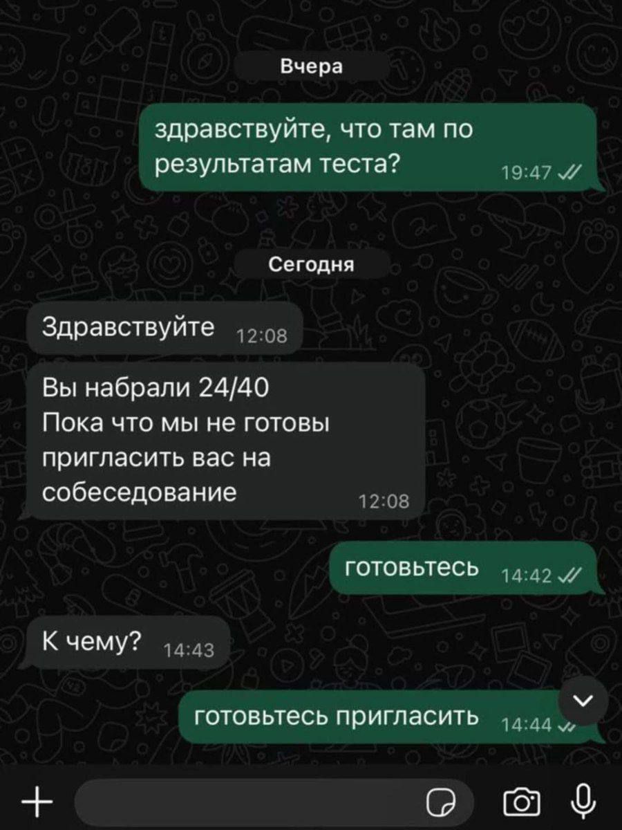 здравствуйте, что там по результататам теста?
Вы набрали 24/40
Пока что мы не готовы пригласить вас на собеседование
готовьтесь
готовьтесь пригласить
