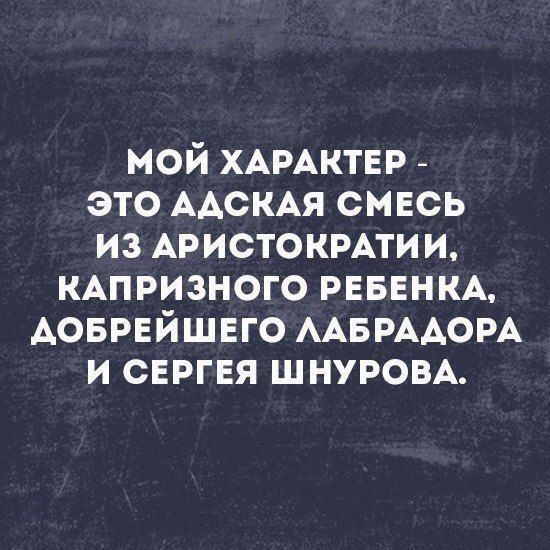 МОЙ ХАРАКТЕР - ЭТО АДСКАЯ СМЕСЬ ИЗ АРИСТОКРАТИИ, КАПРИЗНОГО РЕБЕНКА, ДОБРЕЙШЕГО ЛАБРАДОРА И СЕРГЕЯ ШНУРОВА.