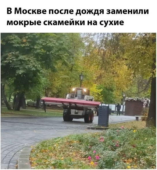 В Москве после дождя заменили мокрые скамейки на сухие