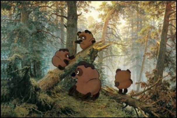 Мультяшные зверята на упавшем дереве в лесу.