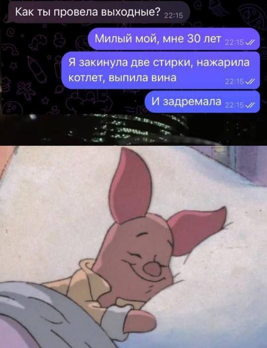 Как ты провела выходные?
Милый мой, мне 30 лет
Я закинула две стирки, нажарила котлет, выпила вина
И задремала