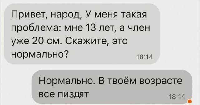 Привет, народ, У меня такая проблема: мне 13 лет, а член уже 20 см. Скажите, это нормально? Нормально. В твоём возрасте все пиздят