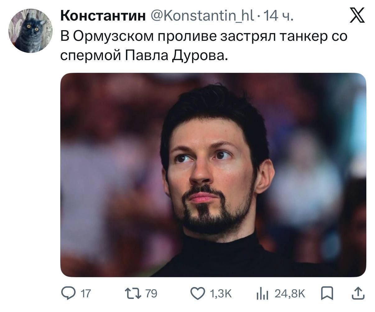 Константин @Konstantin_hl • 14 ч. В Ормузском проливе застрял танкер со спермой Павла Дурова.