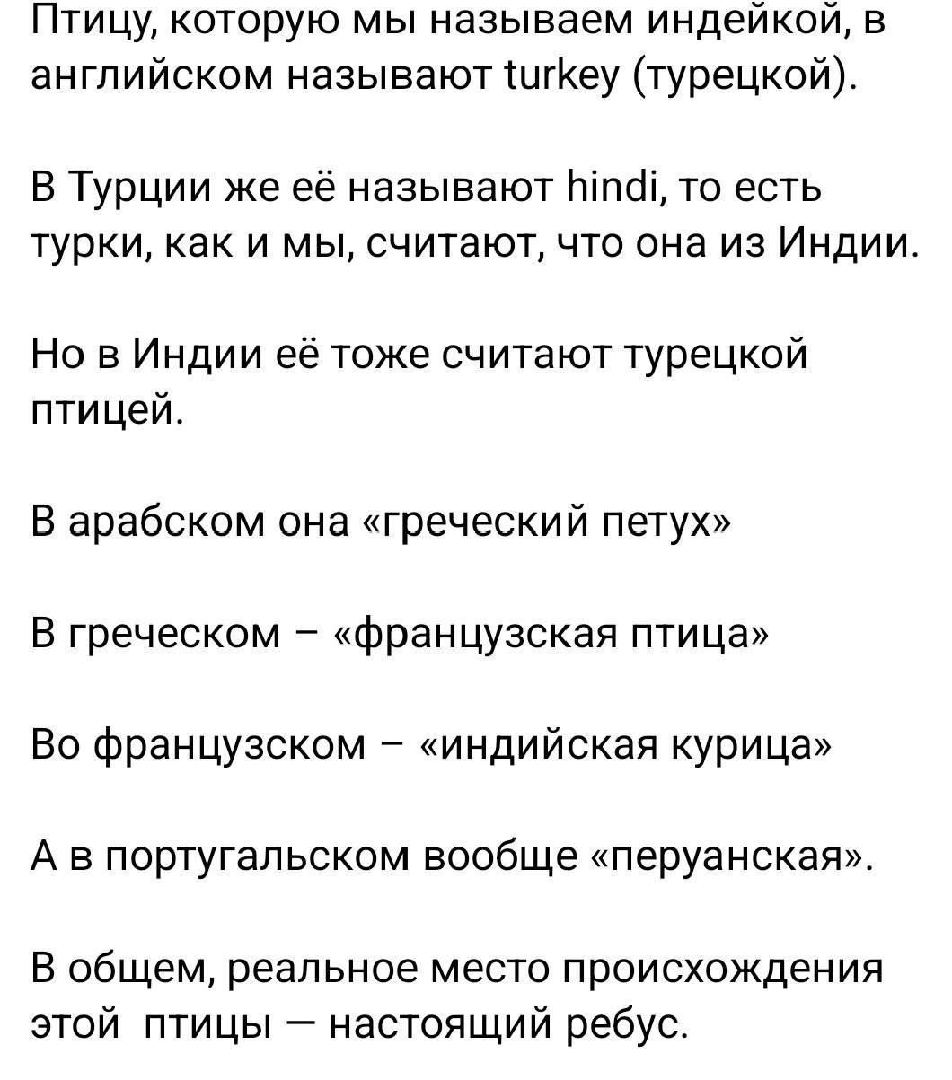 Птицу, которую мы называем индейкой, в английском называют turkey (турецкой). В Турции же её называют hindi, то есть турки, как и мы, считают, что она из Индии. Но в Индии её тоже считают турецкой птицей. В арабском она «греческий петух». В греческом – «французская птица». Во французском – «индийская курица». А в португальском вообще «перуанская».