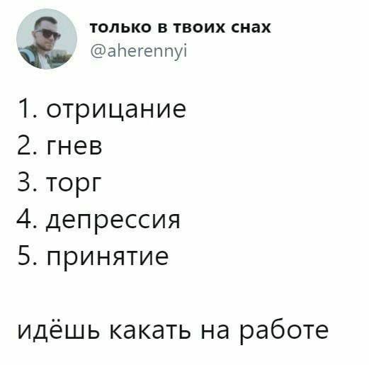только в твоих снах @aherennyi 1. отрицание 2. гнев 3. торг 4. депрессия 5. принятие идёшь какать на работе