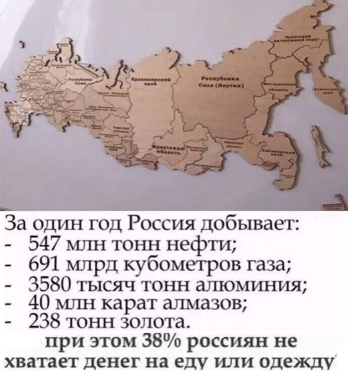 За Один год Россия добываег 547 млн тонн нефти 691 млрд кубометров газа 3580 тысяч тонн шпоминия 40 млн карат алмазов 238 тонн золота при этом 38 россиян не хватает денег на еду или одежду