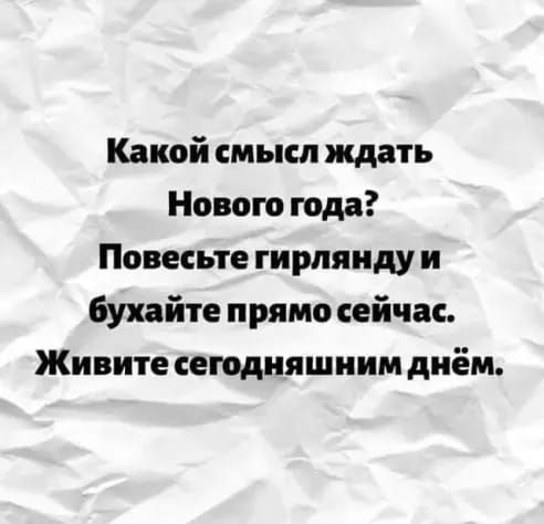 Какой смысл ждать Нового года Повесьте гирпяиду и бухайте п рямо сейчас Живите сегодняшним днём