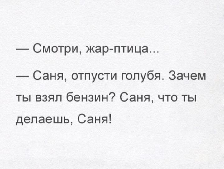 Смотри жар птица Саня отпусти голубя Зачем ты взял бензин Саня что ты делаешь Саня