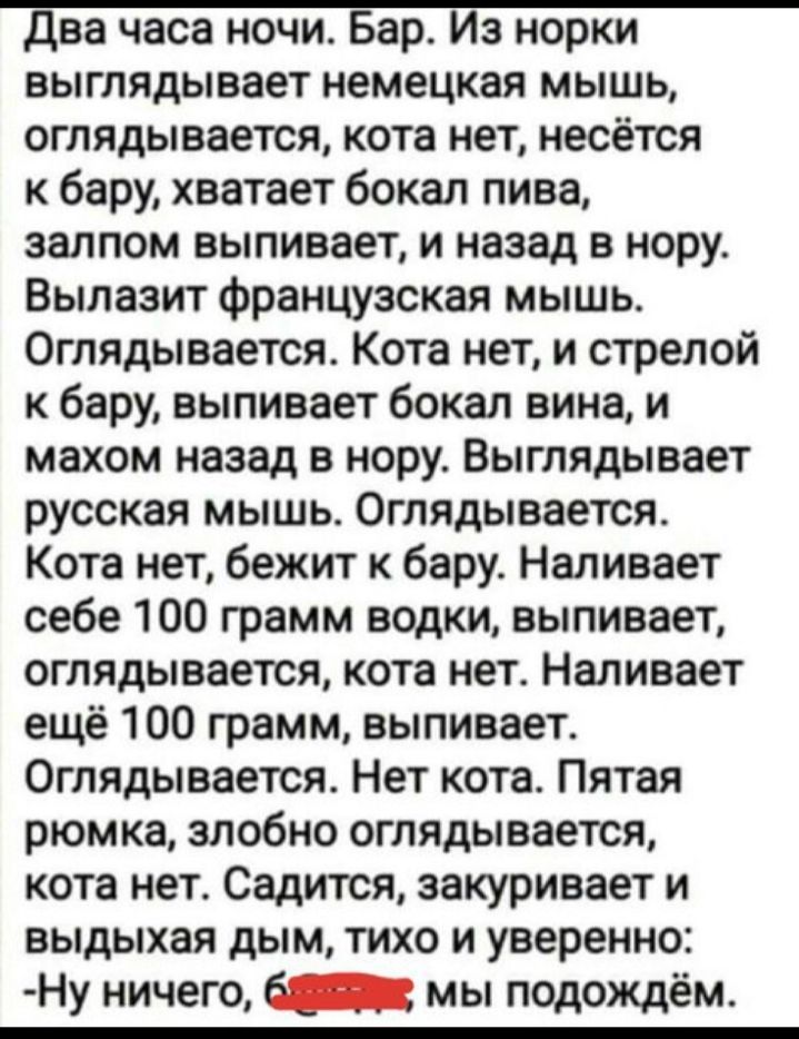 Два часа ночи Бар Из норки выглядывает немецкая мышь оглядывается кота нет несётся к бару хватает бокал пива залпом выпивает и назад в нору Вылазит французская мышь Оглядывается Кота нет и стрелой к бару выпивает бокал вина и махом назад в нору Выглядывает русская мышь Оглядывается Кота нет бежит к бару Наливает себе 100 грамм водки выпивает оглядывается кота нет Наливает ещё 100 грамм выпивает Ог