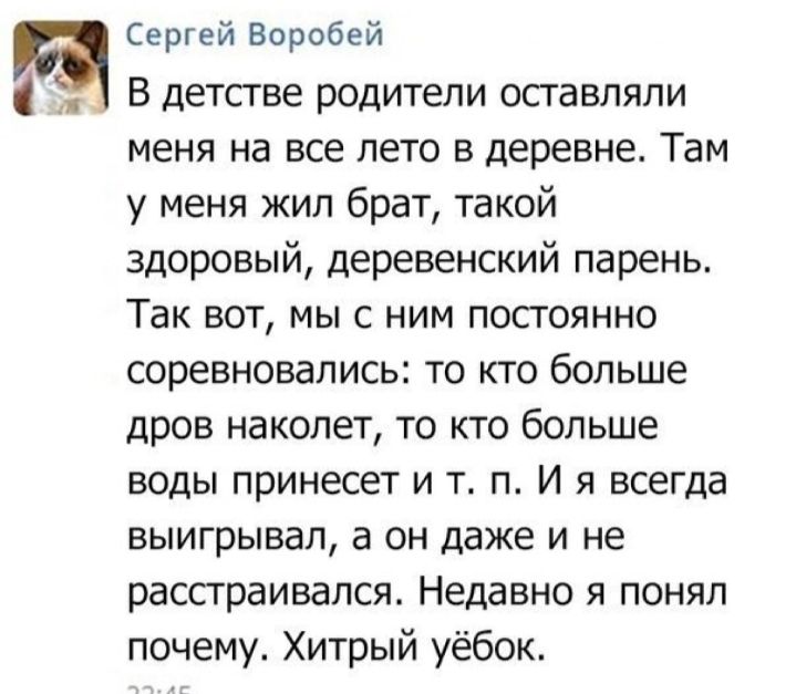 Сергей Воробей В детстве родители оставляли меня на все лето в деревне Там у меня жил брат такой здоровый деревенский парень Так вот мы с ним постоянно соревновались то кто больше дров наколет то кто больше воды принесет и т п И я всегда выигрывал а он даже и не расстраивался Недавно я понял почему Хитрый уёбок