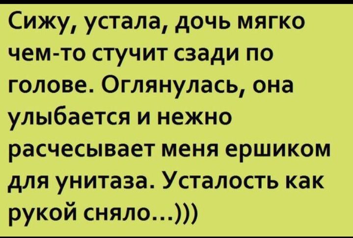 Сижу устала дочь мягко чем то стучит сзади по голове Оглянулась она улыбается и нежно расчесывает меня ершиком для унитаза Усталость как рукой сняло