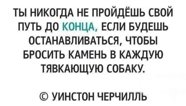ТЫ НИКОГДА НЕ ПРОЙДЁШЬ СВОЙ ПУТЬ ДО КОНЦА ЕСЛИ БУДЕШЬ ОСТАНАВПИВАТЬСЯ ЧТОБЫ БРОСИТЬ КАМЕНЬ В КАЖДУЮ ТЯВКАЮЩУЮ СОБАКУ УИНСТОН ЧЕРЧИЛЛЬ