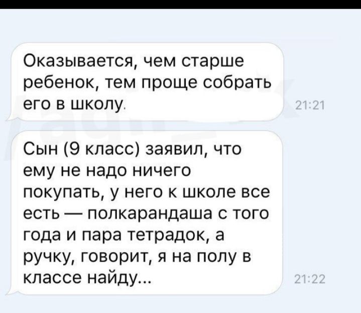 Оказывается чем старше ребенок тем проще собрать его в школу Сын 9 класс заявил что ему не надо ничего покупать у него к школе все есть попкарандаша с того года и пара тетрадок а ручку говорит я на полу в классе найду