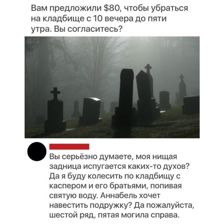 Вам предложили 80 чтобы убраться на кладбище с то вечера до пяти утра Вы согласитесь Вы серьёзно думаете моя нищая задница испугается какихто духов да я буду колесить по кладбищу каспером и его братьями попивая святую воду Аннабель хочет навестить подружку Да пожалуйста шестой ряд пятая могила справа