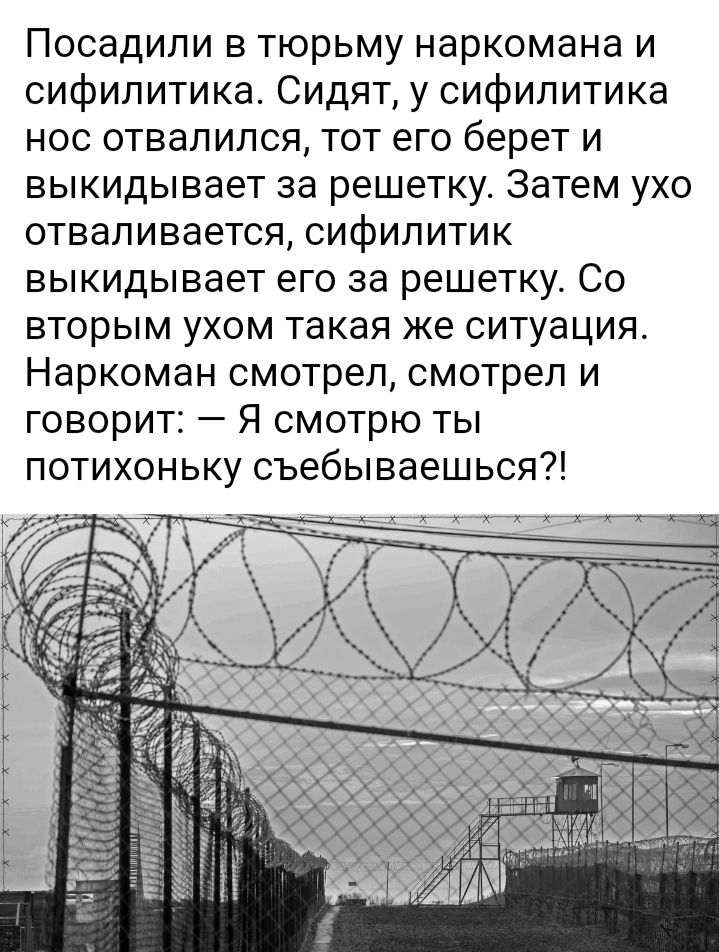 Посадили в тюрьму наркомана и сифилитика Сидят у сифилитика нос отвалился тот его берет и выкидывает за решетку Затем ухо отваливается сифилитик выкидывает его за решетку Со вторым ухом такая же ситуация Наркоман смотрел смотрел и говорит Я смотрю ты потихоньку съебываешься