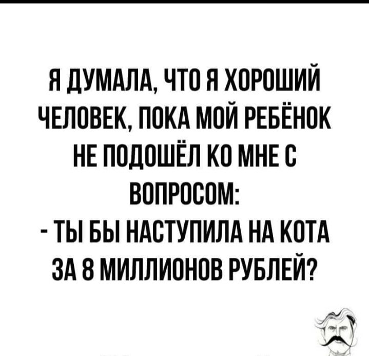 Я дУМАЛА ЧТО Я ХОРОШИЙ ЧЕЛОВЕК ПОКА МОЙ РЕБЁНОК НЕ ПОДОШЁЛ КО МНЕ О ВОПРОООМ ТЫ БЫ НАОТУПИЛА НА КОТА ЗА 8 МИЛЛИОНОВ РУБЛЕЙ 5313