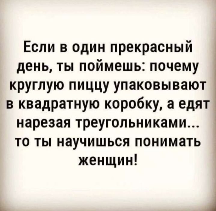 Если в один прекрасный день ты поймешь почему круглую пиццу упаковывают в квадратную коробку а едят нарезая треугольниками 1 то ты научишься понимать женщин