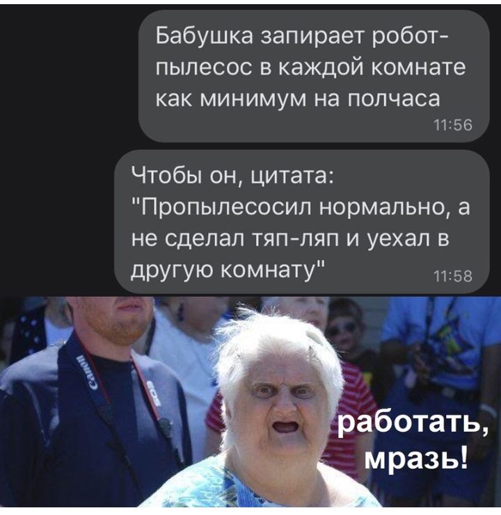 Бабушка запирает робот пылесос в каждой комнате КЭК МИНИМУМ на полчаса 1156 Чтобы он цитата Пропылесосил нормально а не сделал тяп ляп и уехал в другую комнату 1158 работать мразь