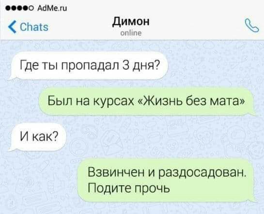 иио ММеш СЬатз Димон Отта Где ты пропадал 3 дня Был на курсах Жизнь без мата И как Взвинчен и раздосадован Подите прочь
