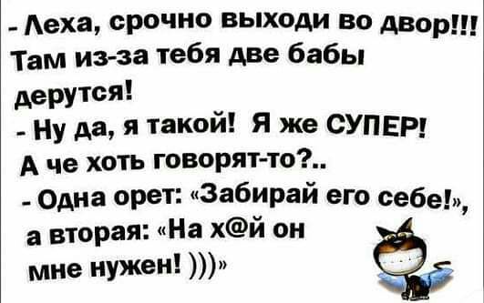 _ Аеха срочно выходи во двор Там Из за тебя две бабы дерутся _ Ну да я такой Я же СУПЕР А че хоть говорят то _ Одна орет Забирай его себе а вторая На хй он мне нужен