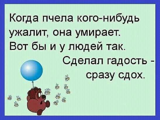 Когда пчела кого нибудь ужалит она умирает Вот бы и у людей так Сделал гадость сразу сдох