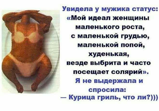 Увидела у мужика статус Мой идеал женщины маленького роста с маленькой грудыо маленькой попой худенькая везде выбрита и часто посещает солярий я не выдержала и спросила Курица гриль что ли
