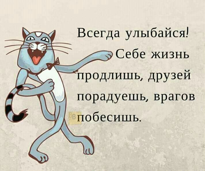 Всегда улыбайся Себе жизнь продлишь друзей порадуешь врагов зпобесишь Ж