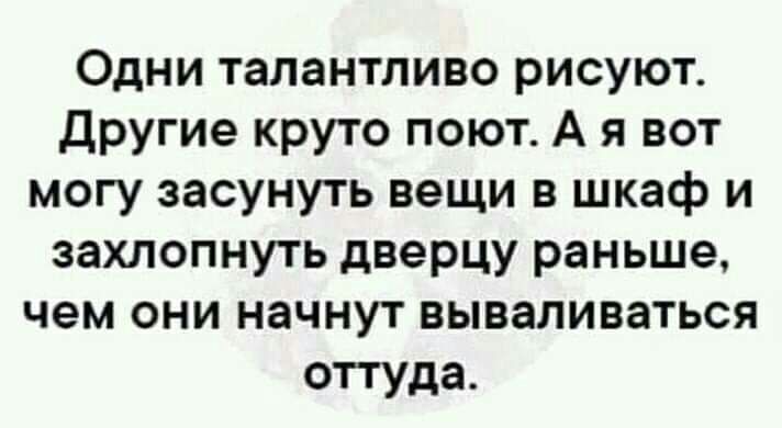 Одни талантливо рисуют другие круто поют А я вот могу засунуть вещи в шкаф и захлопнуть дверцу раньше чем они начнут вываливаться оттуда