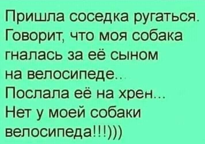 Пришла соседка ругаться Говорит что моя собака гналась за её сыном на велосипеде Послапа её на хрен Нет у моей собаки велосипеда