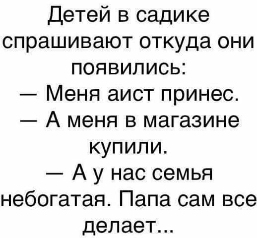 Детей в садике спрашивают откуда они появились Меня аист принес А меня в магазине купили А у нас семья небогатая Папа сам все делает
