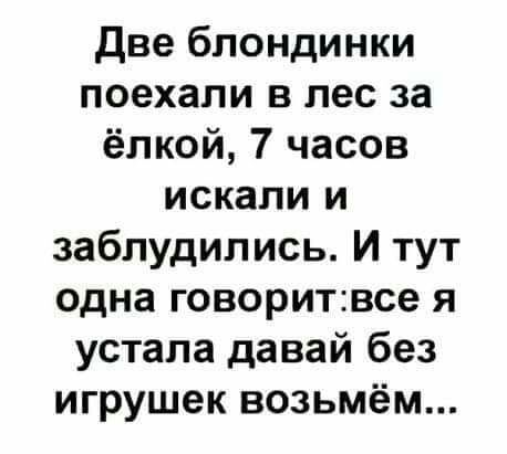 Две блондинки поехали в лес за ёлкой 7 часов искали и заблудились И тут одна говоритвсе я устала давай без игрушек возьмём