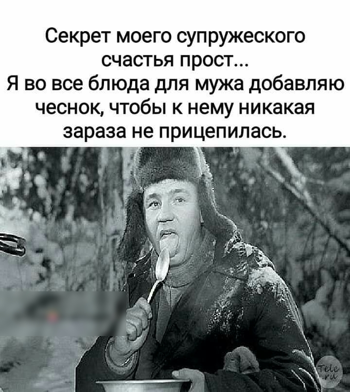 Секрет моего супружеского счастья прост Я во все блюда для мужа добавляю чеснок чтобы к нему никакая зараза не прицепилась