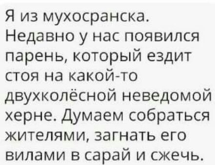 Я из мухосранска Недавно у нас появился парень который ездит стоя на какой то двухколёсной неведомой херне Думаем собраться жителями загнать его вилами в сарай и сжечь