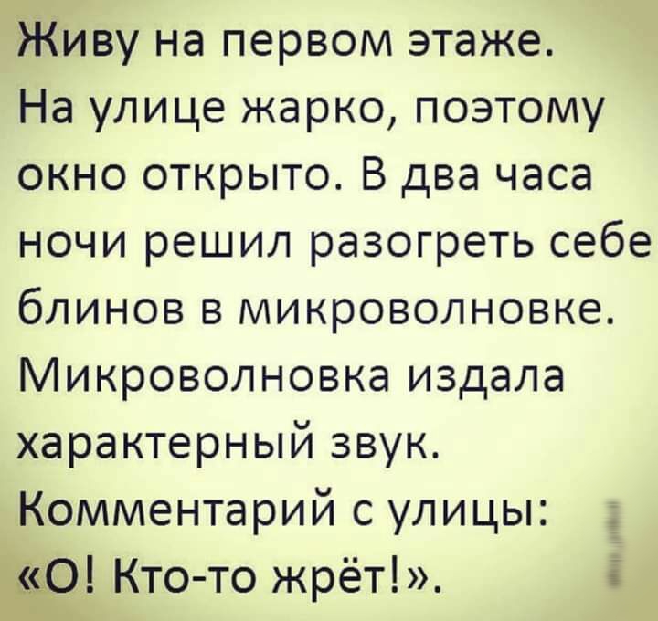 Живу на первом этаже На улице жарко поэтому окно открыто В два часа ночи решил разогреть себе блинов в микроволновке Микроволновка издала характерный звук Комментарий с улицы _ Ё Кто то жрёт