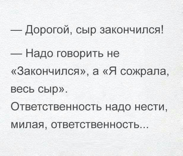 Дорогой сыр закончился Надо говорить не Закончился а Я сожрала весь сыр Ответственность надо нести милая ответственность