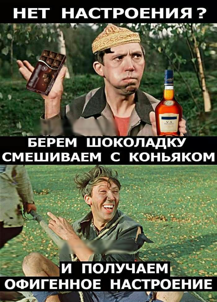 НЕТ НАСТРОЕНИЯ БЕРЕМ шок9лддКу СМЕШИВАЕМ коньяком ОФИГЕННОЕ НАСТРОЕНИЕ _ Ж Шт