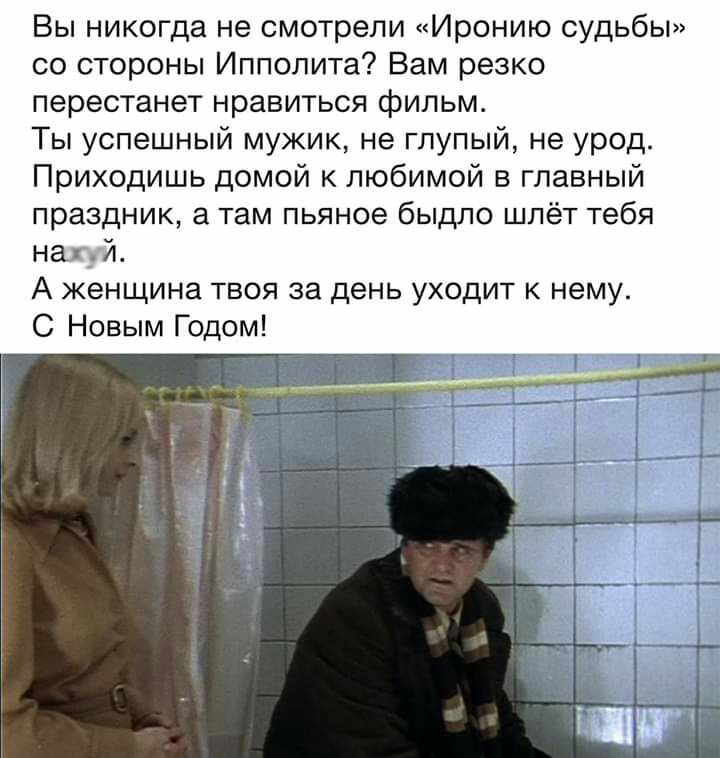 Вы никогда не смотрели Иронию судьбы со стороны Ипполита Вам резко перестанет нравиться фильм Ты успешный мужик не глупый не урод Приходишь домой к любимой в главный праздник а там пьяное быдло шлёт тебя нахуй А женщина твоя за день уходит к нему С Новым Годом