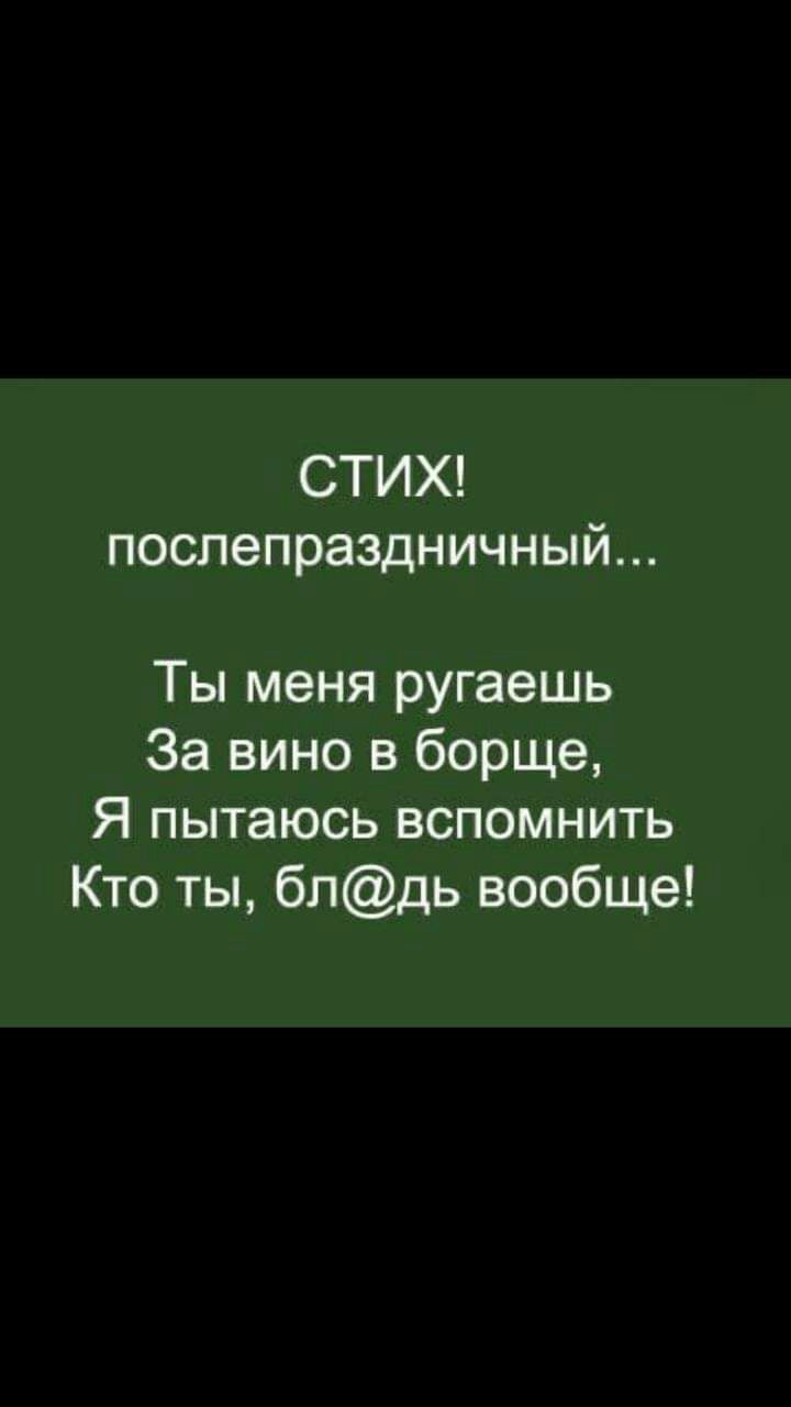 СТИХ послепраздничный Ты меня ругаешь За вино в борще Я пытаюсь вспомнить Кто ты блдь вообще