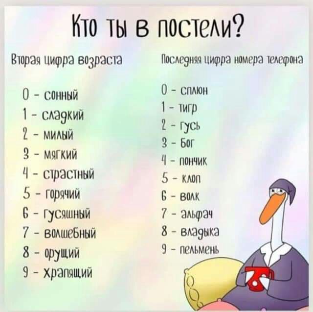 Кто ты в постещ Вюрзп цифра возрата О сонный 1 сшакий 2 мишй З мягкий Ч страшный 5 горячий В гусяшннй вмшебннй 8 орущий 9 храшщий После9няя цифра камера шмггрмэ 0 спмои 1 игр 1 гусь 2 Бог пончик 5 кшп Б вам 7 ащрзч 8 медика 9 педьмепъ