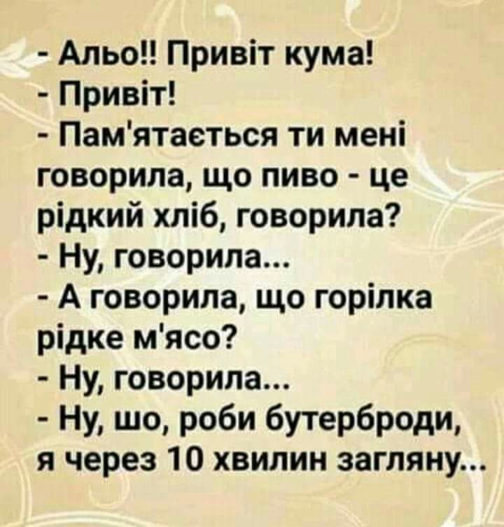 Альо Привіт кума Привіт Памятаеться ти мені говорила що пиво це рідкий хпіб говорила Ну говорила А говорила що горіпка рідке мясо Ну говорила Ну шо роби 6утерброди я через 10 хвилин загляну